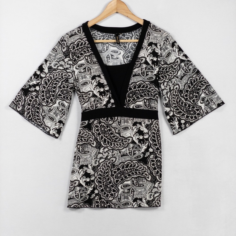 Olivia Paige Top Sz Small Black White Paisley Stretch Knit Flare Sleeve Tie Back